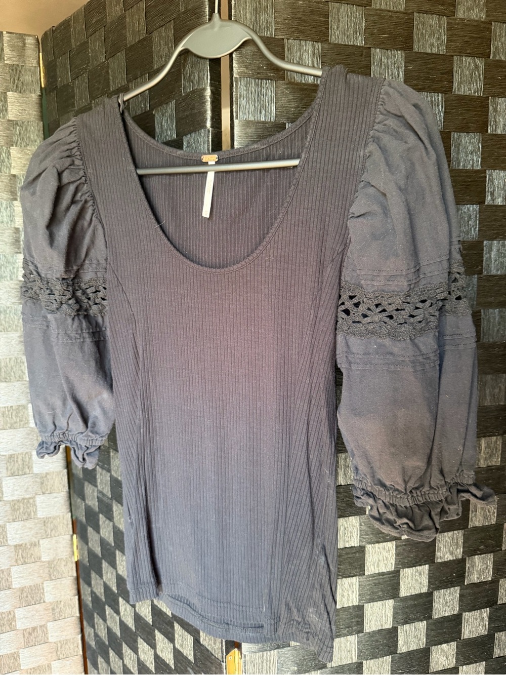 Free People Black Ribbed Scoop Neck Top with Crochet Puff Sleeves